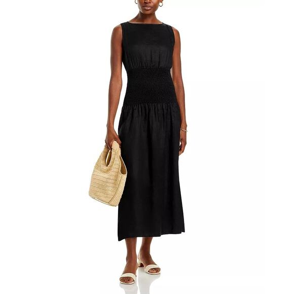 Faithfull the Brand Women Black Linen La Canella Smocked Waist Midi Dress Size 6
